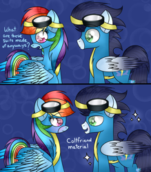 Size: 1024x1170 | Tagged: safe, artist:northlights8, rainbow dash, soarin', pegasus, pony, clothes, colored wings, colored wingtips, comic, female, goggles, male, pickup lines, shipping, soarindash, straight, wonderbolts uniform