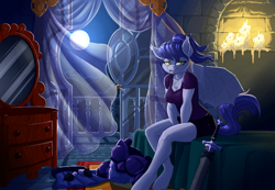 Size: 1449x1000 | Tagged: safe, artist:pusspuss, oc, oc only, oc:stella, oc:stella sabre, anthro, bat pony, unguligrade anthro, armor, balcony, bed, candle, fanfic art, looking at you, moon, solo, sword, weapon