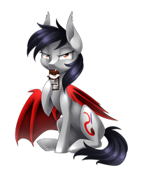 Size: 2438x2965 | Tagged: safe, artist:scarlet-spectrum, oc, oc only, oc:scarlet spectrum, bat pony, pony, candy, chocolate, cute, eating, hershey bar, simple background, solo, transparent background