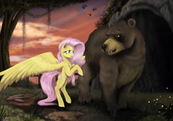 Size: 4876x3408 | Tagged: safe, artist:vinicius040598, fluttershy, harry, bear, butterfly, firefly (insect), pegasus, pony, bipedal, bipedal leaning, cave, solo, spread wings, twilight (astronomy)