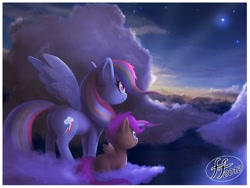 Size: 1056x794 | Tagged: safe, artist:14-bis, rainbow dash, scootaloo, pegasus, pony, cloud, female, on a cloud, sisters, stars