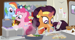 Size: 1560x840 | Tagged: safe, artist:dm29, pinkie pie, rainbow dash, saffron masala, soarin', twilight sparkle, twilight sparkle (alicorn), alicorn, earth pony, pegasus, pony, unicorn, spice up your life, cooking, ear piercing, earring, food, food truck, jewelry, piercing, taco, trio