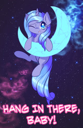 Size: 1155x1785 | Tagged: safe, artist:kawaiipony2, princess luna, alicorn, pony, filly, hang in there, moon, one eye closed, solo, space, tangible heavenly object, wink, woona