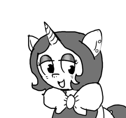 Size: 640x600 | Tagged: safe, artist:ficficponyfic, oc, oc only, oc:joyride, pony, unicorn, bags under eyes, bowtie, colt quest, ear piercing, eyeshadow, female, happy, horn, makeup, mantle, mare, monochrome, piercing, solo focus, story included