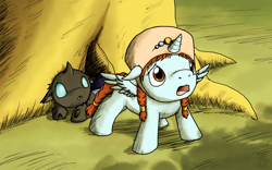 Size: 2400x1500 | Tagged: safe, artist:dragonwolfrooke, alicorn, changeling, nymph, pony, filly, floppy ears, frown, nausicaa of the valley of the wind, open mouth, ponified, sad, spread wings, standing