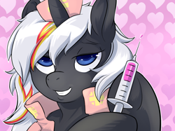 Size: 1280x958 | Tagged: safe, artist:hobbes-maxwell, oc, oc only, oc:velvet remedy, pony, unicorn, fallout equestria, bedroom eyes, clothes, fanfic, fanfic art, female, grin, hat, hooves, horn, mare, nurse, smiling, solo, syringe, teeth, twilight sparkle's secret shipfic folder