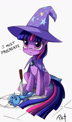 Size: 1026x1746 | Tagged: safe, artist:ponykillerx, trixie, twilight sparkle, pony, unicorn, female, knife, magic circle, mare, plushie, sitting, trixie's cape, trixie's hat