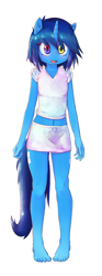 Size: 670x1800 | Tagged: safe, artist:hoodie, oc, oc only, oc:win, anthro, plantigrade anthro, unicorn, anthro oc, barefoot, belly button, bipedal, clothes, cute, feet, female, heterochromia, legs, mare, midriff, miniskirt, ocbetes, shirt, simple background, skirt, solo, toes, white background