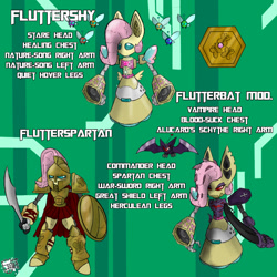 Size: 800x800 | Tagged: safe, artist:sanyo2100, fluttershy, bat, bat pony, parasprite, pony, robot, crossover, flutterbat, medabots, race swap, spartan, video game, weapon