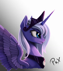 Size: 1119x1272 | Tagged: safe, artist:ponykillerx, princess luna, alicorn, pony, bust, female, gradient background, horn, mare, solo