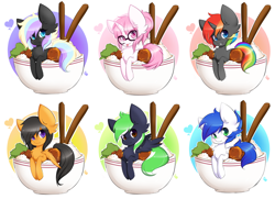 Size: 1024x740 | Tagged: dead source, safe, artist:teranen, oc, oc only, oc:ice trio, oc:krylone, oc:moonlit ace, oc:nife, oc:yui, colored pupils, cute, food, ponies in food, rice, rice bowl