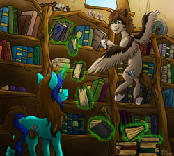 Size: 1280x1152 | Tagged: safe, artist:alexispaint, oc, oc only, oc:alexis paint, oc:tony, pegasus, pony, unicorn, book, library