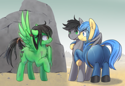 Size: 900x619 | Tagged: safe, artist:dddddd2, oc, oc only, oc:dusty shelf, oc:spring zephyr, oc:toxic, fallout equestria, chubby, dusty's trails, hug, raider, the ass was fat, vault suit, winghug