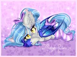 Size: 1600x1187 | Tagged: safe, artist:pvrii, oc, oc only, oc:midnight radiance, bat pony, pony, abstract background, bedroom eyes, clothes, coat markings, ear piercing, eyeshadow, female, hair bow, heart eyes, impossibly large ears, makeup, piercing, ponytail, prone, socks, solo, sparkles, stockings, tail bow, wingding eyes