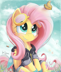 Size: 2400x2800 | Tagged: safe, artist:bugplayer, fluttershy, bee, butterfly, pegasus, pony, bugplayer is trying to murder us, chest fluff, clothes, cute, dangerous mission outfit, female, fluffy, folded wings, goggles, hoodie, hug life, looking at something, looking up, mare, shyabetes, signature, sitting, smiling, solo, sweet dreams fuel