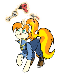 Size: 652x812 | Tagged: safe, artist:egophiliac, oc, oc only, oc:greaser, pony, unicorn, fallout equestria, fallout equestria: outlaw, boots, clothes, commission, drill, levitation, magic, overalls, pliers, ponytail, solo, tail wrap, telekinesis, tongue out, tools, wrench