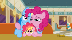 Size: 819x461 | Tagged: safe, artist:unoriginai, edit, edited screencap, screencap, pinkie pie, rainbow dash, oc, oc:sugar crash, earth pony, pegasus, pony, the saddle row review, background pony, cute, discovery family logo, female, honey curls, lesbian, magical lesbian spawn, mare e. lynn, offspring, parent:pinkie pie, parent:rainbow dash, parents:pinkiedash, peeking, pinkiedash, shipping