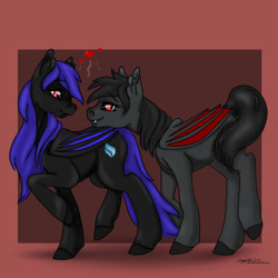 Size: 1000x1000 | Tagged: safe, artist:littlewolfstudios, oc, oc only, oc:qetesh, oc:twinkie, bat pony, pony, couple, cute, female, heart, lesbian, love, mare, oc x oc, shipping, teeth