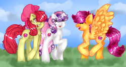 Size: 1171x621 | Tagged: safe, artist:musiccannon, apple bloom, scootaloo, sweetie belle, cutie mark, cutie mark crusaders, open mouth, the cmc's cutie marks