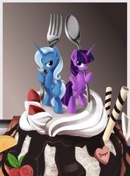 Size: 1280x1728 | Tagged: safe, artist:ponykillerx, trixie, twilight sparkle, pony, unicorn, bipedal, dessert, duo, female, food, fork, mare, spoon, standing, strawberry