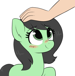 Size: 1646x1672 | Tagged: safe, artist:moozua, oc, oc only, oc:anon filly, earth pony, human, pony, adoranon, blushing, cute, ear fluff, female, filly, hand, happy, looking up, ocbetes, offscreen character, offscreen human, petting, raised hoof, simple background, smiling, solo focus, weapons-grade cute, white background