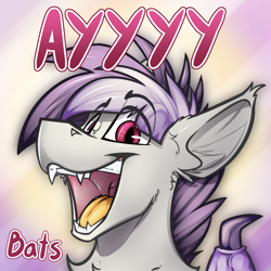 Size: 3100x3100 | Tagged: safe, artist:ralek, oc, oc only, oc:sunny sheila, bat pony, pony, fangs, open mouth, smiling, solo, teeth, text, tongue out