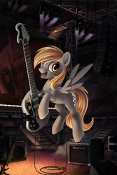 Size: 1280x1911 | Tagged: safe, artist:ponykillerx, derpy hooves, pegasus, pony, amplifier, female, flying, guitar, mare, stage