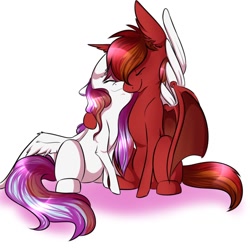 Size: 894x894 | Tagged: safe, artist:crimsonnight888, oc, oc only, oc:blaze emberbreath, oc:waffles, bat pony, pegasus, pony, couple, cuddling, cute, female, long mane, male, nuzzling, snuggling, straight, wafflaze