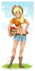 Size: 472x942 | Tagged: safe, artist:meago, applejack, human, 2010s, 2011, apple, applejack's hat, applerack, belly button, belt, blonde, blonde hair, boots, breasts, bucket, clothes, cowboy boots, cowboy hat, cowgirl, daisy dukes, denim shorts, female, food, front knot midriff, grass, green eyes, happy, hat, humanized, legs, looking at you, midriff, ponytail, shirt, shorts, sky, smiling, solo, tied shirt