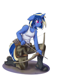 Size: 1024x1365 | Tagged: safe, artist:alasou, oc, oc only, oc:enyo, anthro, plantigrade anthro, unicorn, arrow, boots, bow (weapon), bow and arrow, clothes, dirty, solo, tanktop, weapon