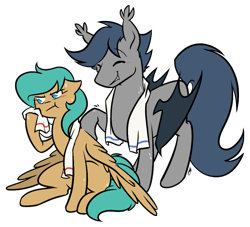 Size: 833x755 | Tagged: safe, artist:egophiliac, oc, oc only, oc:chase cartwheel, oc:spur bevel, bat pony, pegasus, pony, back rubbing, beveel, blushing, cute, duo, fangs, female, happy, male, mare, massage, simple background, stallion, sweat, towel, transparent background, tsundere, workout