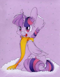 Size: 2163x2788 | Tagged: safe, artist:cutepencilcase, twilight sparkle, twilight sparkle (alicorn), alicorn, pony, cheek fluff, chest fluff, clothes, cute, ear fluff, fluffy, scarf, sitting, snow, snowfall, solo, traditional art, twiabetes