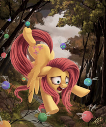 Size: 1280x1536 | Tagged: safe, artist:ponykillerx, fluttershy, parasprite, pegasus, pony, crying, fear, female, flying, forest, mare