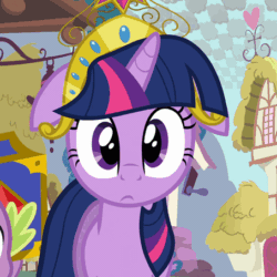 Size: 454x454 | Tagged: safe, screencap, spike, twilight sparkle, unicorn twilight, dragon, pony, unicorn, magical mystery cure, animated, big crown thingy, cute, element of magic, female, floppy ears, frown, gif, jewelry, looking at you, looking away, male, mare, regalia, solo focus, twiabetes, wide eyes