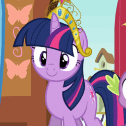 Size: 506x506 | Tagged: safe, screencap, spike, twilight sparkle, unicorn twilight, dragon, pony, unicorn, magical mystery cure, :d, animated, big crown thingy, cute, element of magic, female, jewelry, looking at each other, male, mare, open mouth, regalia, smiling, solo focus, twiabetes