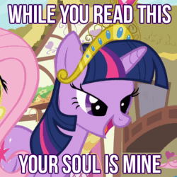 Size: 504x504 | Tagged: safe, edit, edited screencap, screencap, fluttershy, rainbow dash, twilight sparkle, pegasus, pony, magical mystery cure, animated, big crown thingy, blinking, crown, cute, jewelry, pure unfiltered evil, regalia, twiabetes, your soul is mine