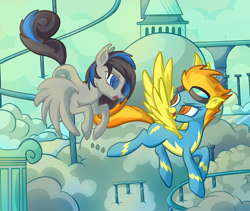 Size: 1024x863 | Tagged: safe, artist:lyricjam, spitfire, oc, pegasus, pony, clothes, cloudsdale, commission, flying, wonderbolts uniform