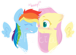 Size: 1024x741 | Tagged: safe, artist:felcia, fluttershy, rainbow dash, pegasus, pony, blushing, boop, bust, colored pupils, female, floating wings, flutterdash, lesbian, mare, noseboop, profile, shipping, simple background, transparent background, watermark