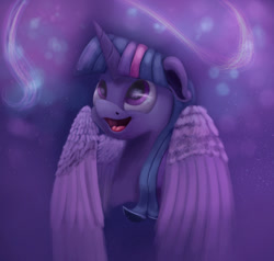 Size: 1024x976 | Tagged: safe, artist:insanerobocat, twilight sparkle, twilight sparkle (alicorn), alicorn, pony, eye reflection, floppy ears, open mouth, portrait, solo, spread wings, stars