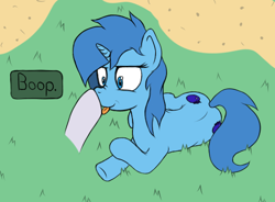 Size: 546x402 | Tagged: safe, artist:wellfugzee, oc, oc only, oc:meno, blue eyes, blue hair, blue mane, boop, grass, pony town, solo, speech bubble, tongue out