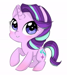 Size: 1820x2048 | Tagged: source needed, useless source url, safe, artist:alice tam, starlight glimmer, unicorn, chibi, cute, female, glimmerbetes, grin, looking at you, mare, raised hoof, simple background, smiling, solo, white background