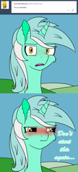 Size: 1000x2186 | Tagged: safe, artist:mindstormproductions, lyra heartstrings, pony, ask, blushing, reversalmushroom, tumblr