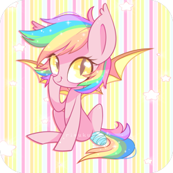 Size: 1700x1700 | Tagged: safe, artist:riouku, oc, oc only, oc:paper stars, bat pony, pony, amputee, bandage, cute, cute little fangs, ear fluff, fangs, female, looking at you, one eye closed, paperbetes, sitting, smiling, solo, stars, stump, wink