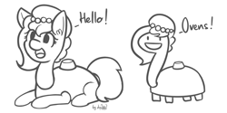 Size: 2400x1200 | Tagged: safe, artist:dsp2003, oc, oc:brownie bun, 2016, asdfmovie, black and white, crossover, cute, dialogue, grayscale, hello, mine turtle, monochrome, ocbetes, open mouth, parody, prone, simple background, sketch, smiling, tumblr, weapons-grade cute, white background, xk-class end-of-the-kitchen scenario, xk-class end-of-the-world scenario