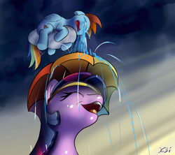 Size: 1200x1066 | Tagged: safe, artist:xbi, rainbow dash, twilight sparkle, pegasus, pony, cloud, crying, hat, laughing, smiling, umbrella hat, your tears are delicious