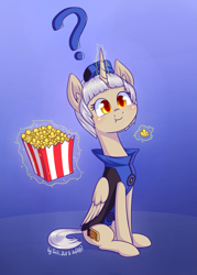 Size: 1573x2191 | Tagged: safe, artist:dsp2003, artist:lalieri, alicorn, pony, collaboration, 2016, 4chan, elizabeth (persona), female, food, persona, persona 3, ponified, popcorn, simple background, solo