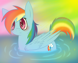 Size: 666x538 | Tagged: safe, artist:xxinfamouswormxx, rainbow dash, duck pony, pegasus, pony, adorable face, behaving like a bird, big eyes, blushing, chibi, cute, fluffy, frown, shiny, solo, swimming, water