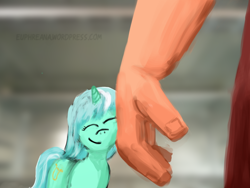 Size: 1600x1200 | Tagged: safe, artist:euphreana, lyra heartstrings, pony, unicorn, crossover, duo, hand, size difference, that pony sure does love hands, wreck-it ralph