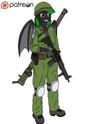 Size: 850x1200 | Tagged: safe, artist:linedraweer, oc, oc only, oc:shade, anthro, bat pony, plantigrade anthro, anthro oc, ar15, army, gun, knife, military, military uniform, patreon, patreon logo, request, rocket launcher, simple background, solo, weapon, white background