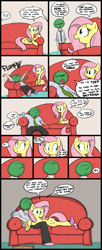 Size: 1099x2688 | Tagged: safe, artist:shoutingisfun, fluttershy, oc, oc:anon, human, pegasus, pony, anon's couch, clothes, comfy, comic, cute, dialogue, female, food, friday night, ham, human on pony snuggling, looking at each other, lying down, mare, meat, necktie, open mouth, pacific rim, pants, pepperoni, pepperoni pizza, pizza, pizza box, prone, shirt, sitting, slice of life, snuggling, socks, sofa, speech bubble, sploot, watching